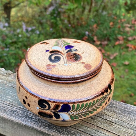 Pottery Hand Painted Mexican Stoneware Tonala Trinket Dish w/Lid Vintage - Picture 6 of 16